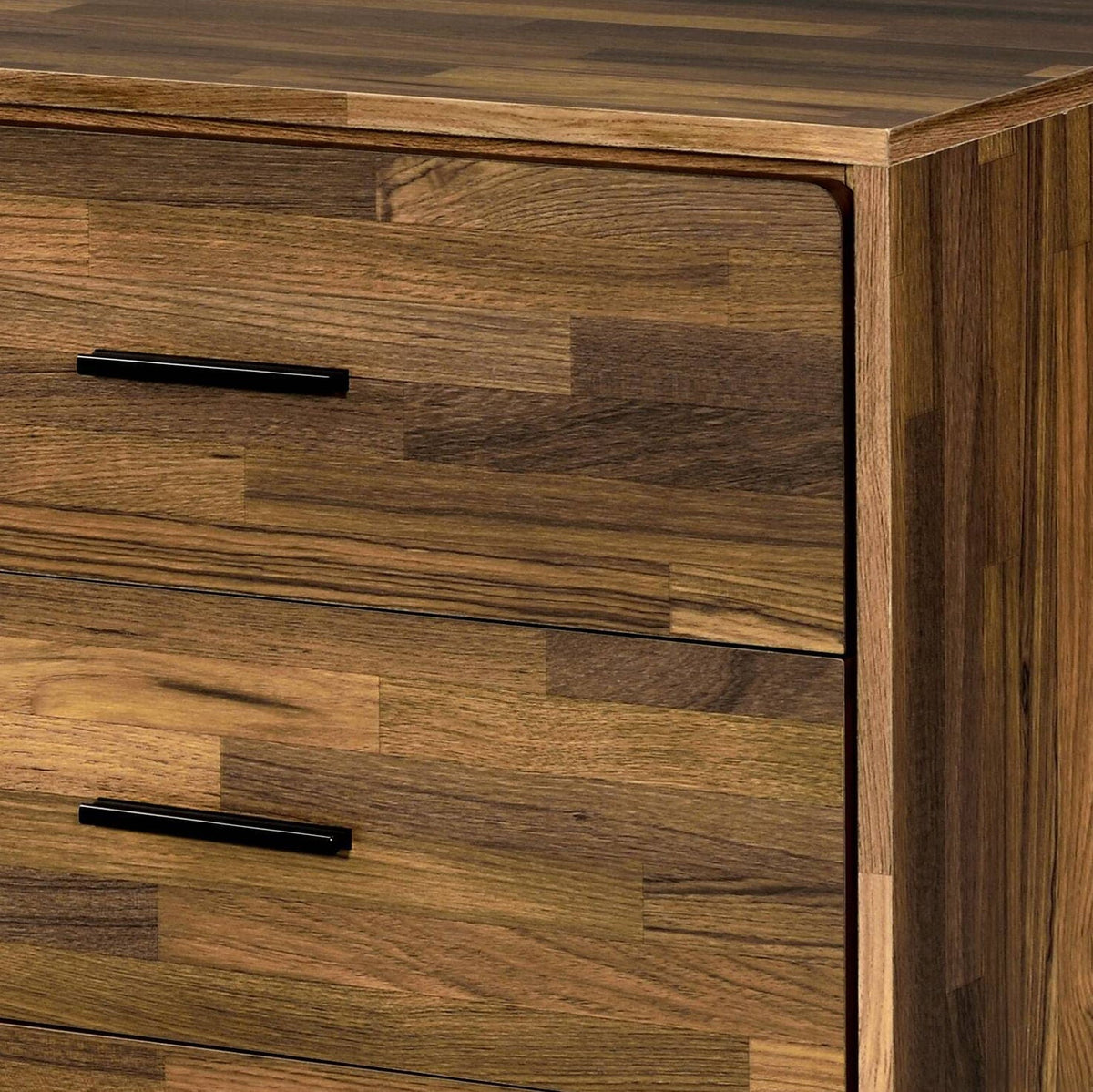 Hestia Walnut Dresser with Smooth-Glide Drawers, walnut wood finish, black bar handles on Tampa Home & Garden Store