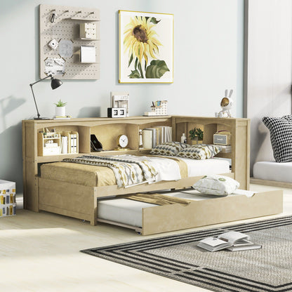 Daybed with trundle and USB ports in natural wood with storage cabinets HouseOfZazla frame on Tampa Home & Garden Store