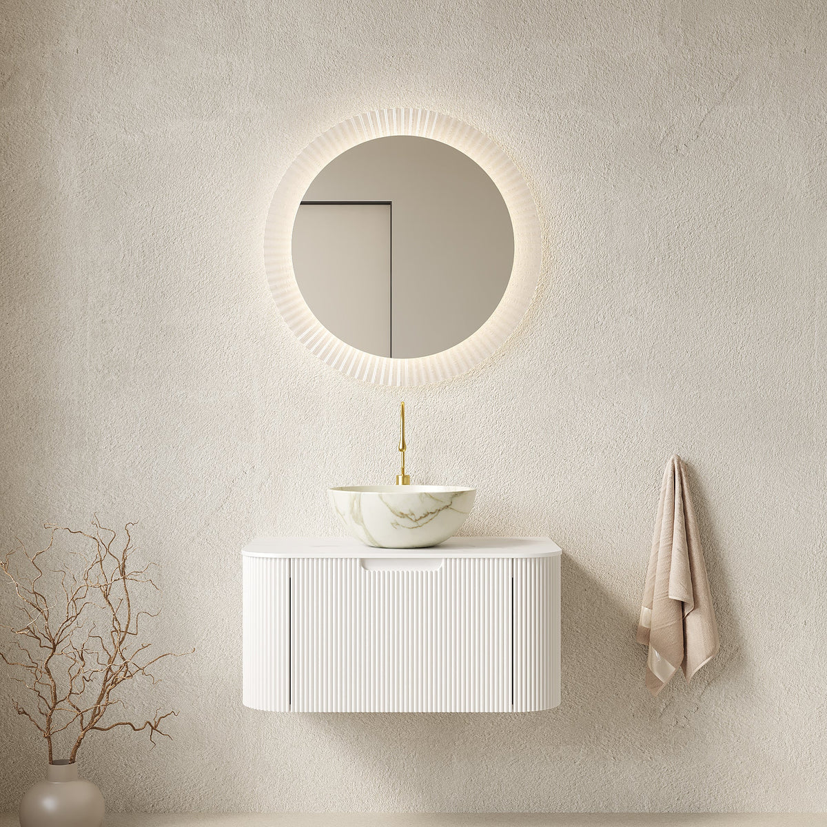 Modern 30-inch bathroom vanity with ceramic sink, white ribbed cabinet, gold faucet on Tampa Home & Garden Store