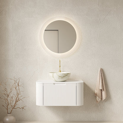 Modern 30-inch bathroom vanity with ceramic sink, white ribbed cabinet, gold faucet on Tampa Home & Garden Store