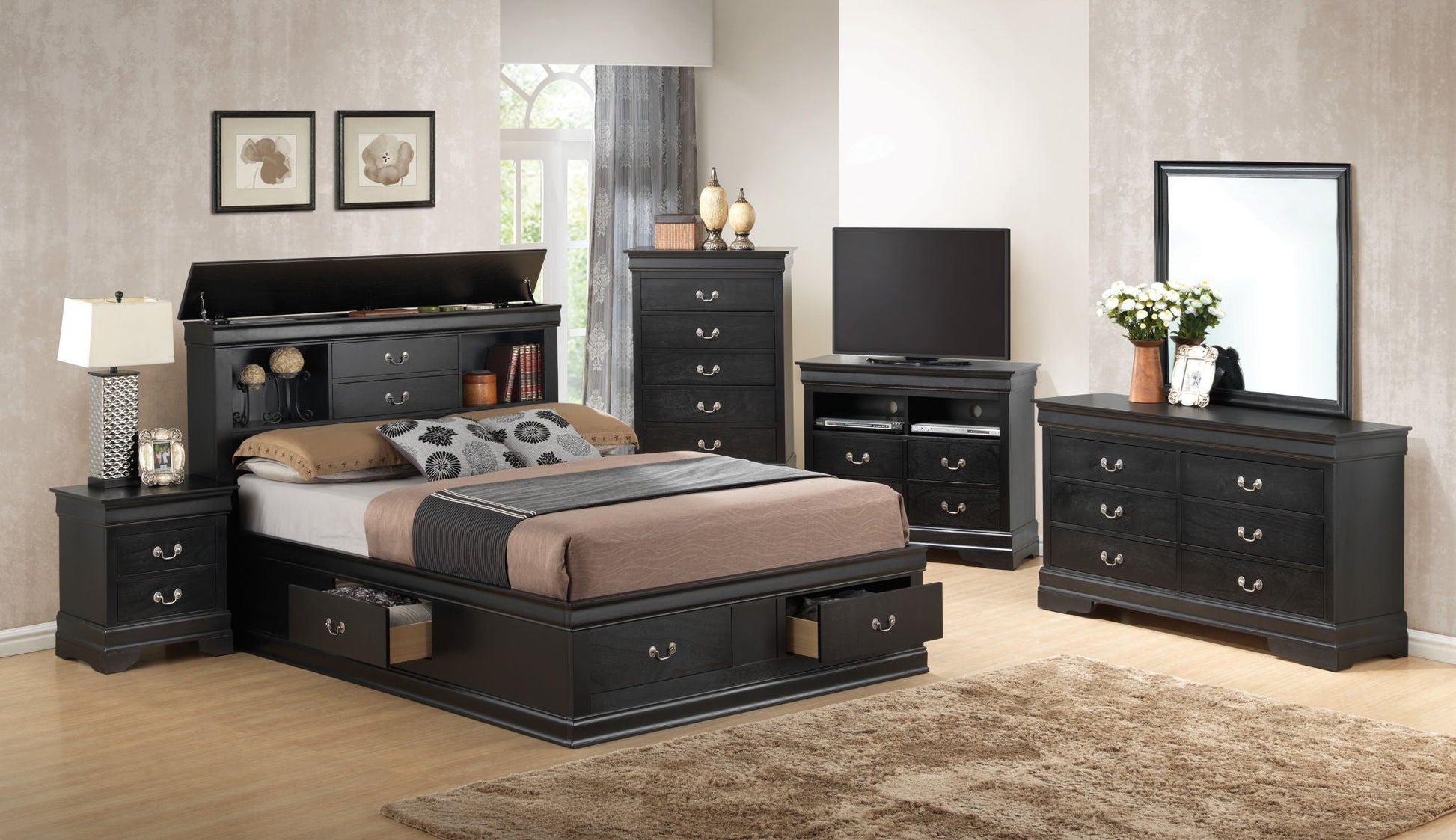 Traditional Style Bookcase Storage Bed by HouseOfZazla in black with built-in drawers on Tampa Home & Garden Store