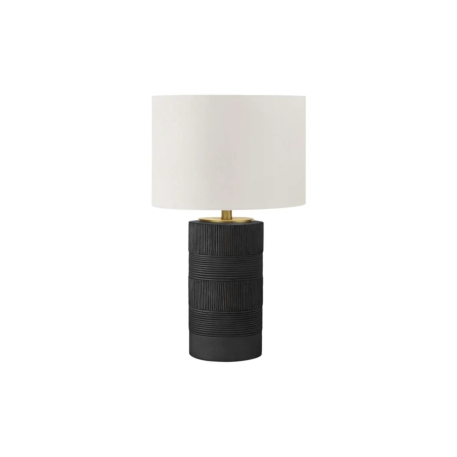 Table lamp black textured resin base with cream drum shade brass collar on Tampa Home & Garden Store