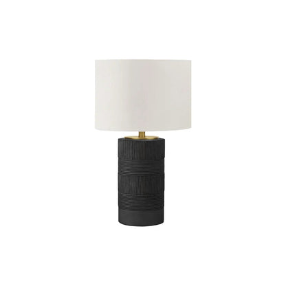 Table lamp black textured resin base with cream drum shade brass collar on Tampa Home & Garden Store