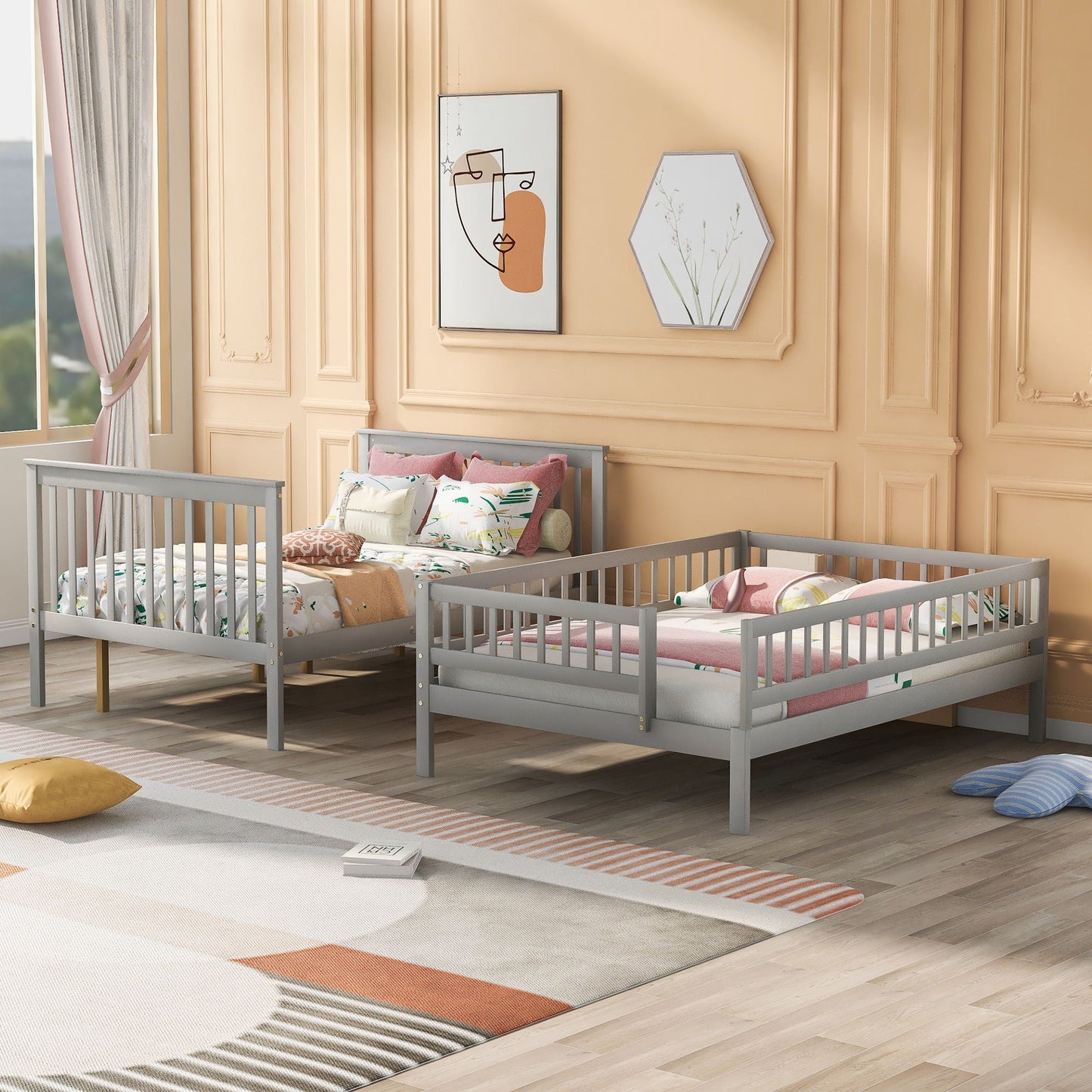 Bunk Bed With Staircase by HouseOfZazla in gray wood, twin bunk frames with bedding on Tampa Home & Garden Store