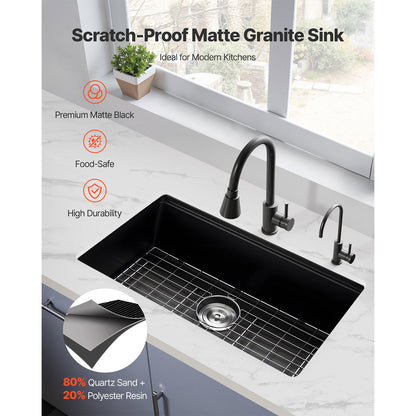 30in matte black granite kitchen sink by HouseOfZazla with drain grid and modern faucet on Tampa Home & Garden Store