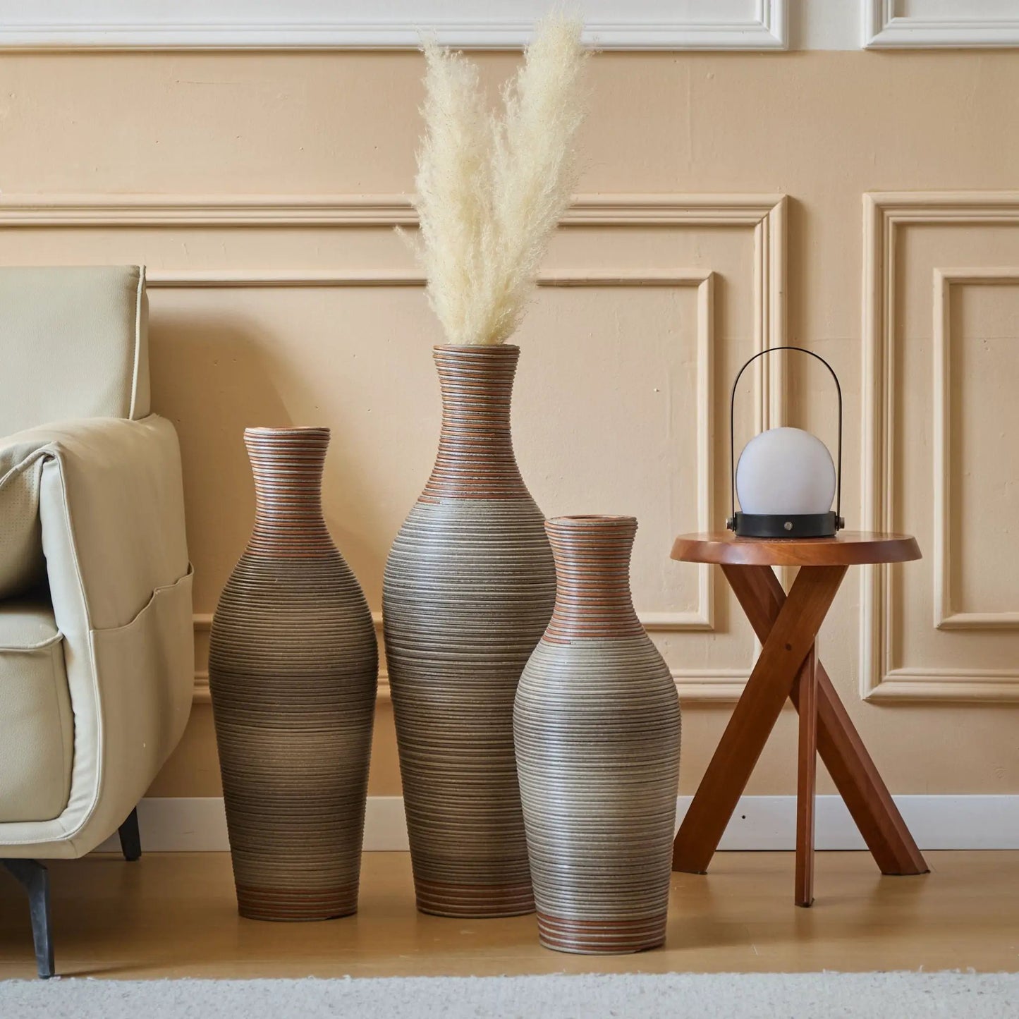 Floor vase set of 3 with ribbed brown-gray gradient; pampas grass in center vase on Tampa Home & Garden Store