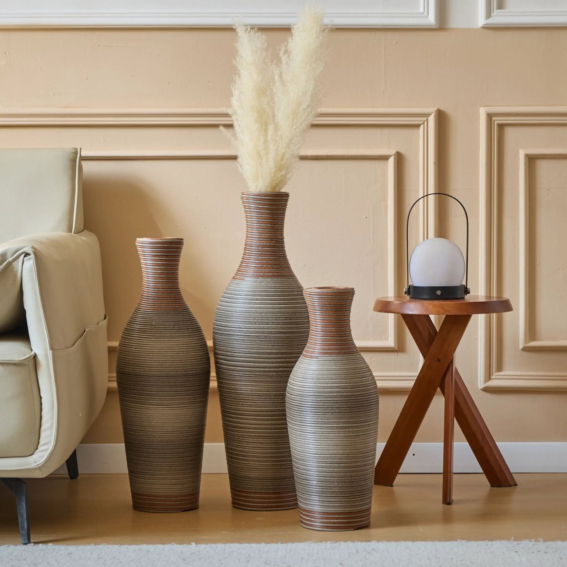 Floor vase set of 3 with ribbed brown-gray gradient; pampas grass in center vase on Tampa Home & Garden Store
