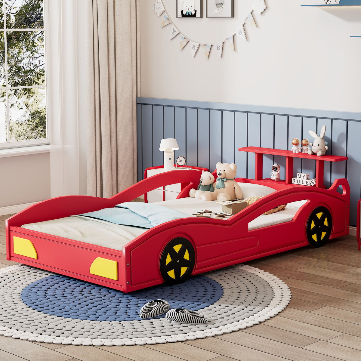 Race Car Platform Bed & Wheels in red with yellow wheel accents in a child's bedroom on Tampa Home & Garden Store