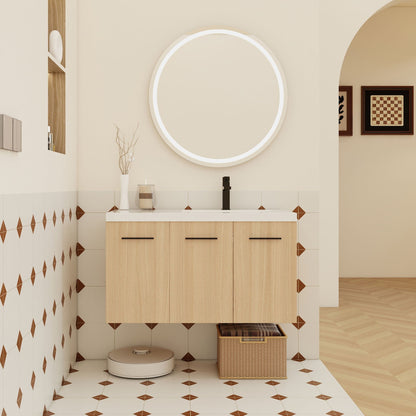 Wall mounted floating bathroom vanity with modular 3door light brown cabinet and round LED mirror on Tampa Home & Garden Store