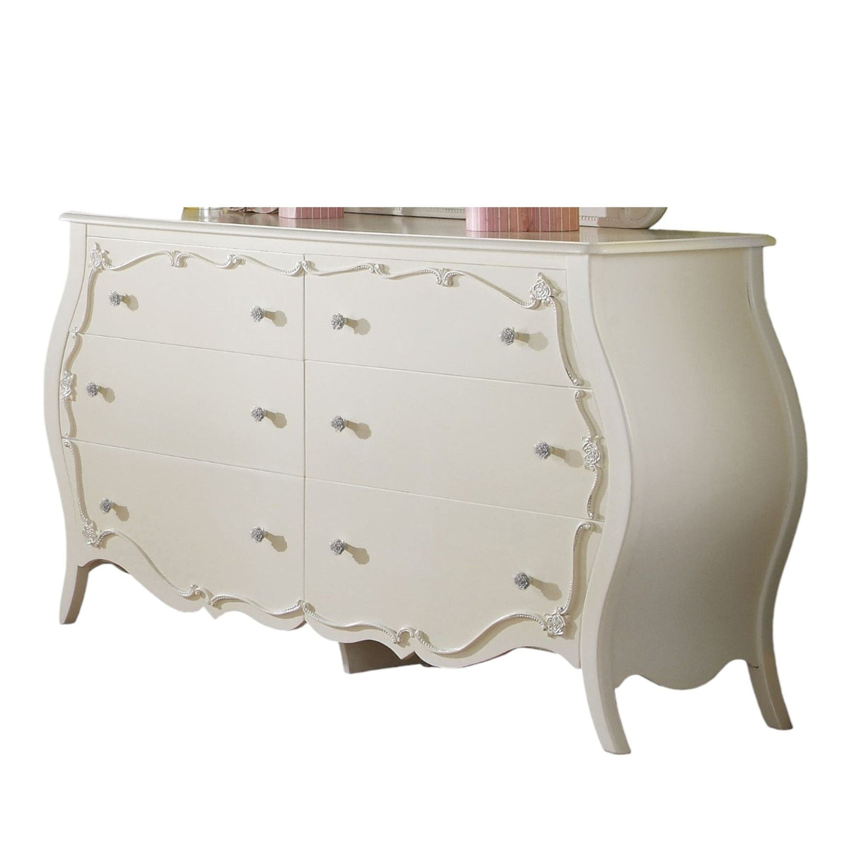 Edalene White Dresser with Six Drawers ornate carved trim and curved legs in white finish on Tampa Home & Garden Store