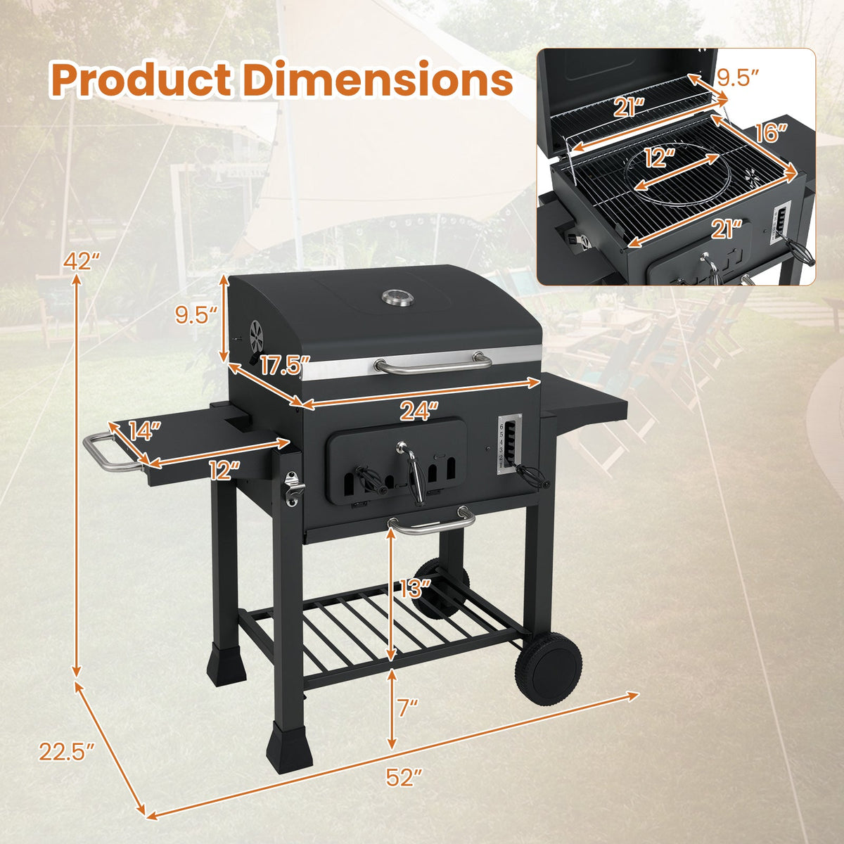DirectDeals 24-Inch Barrel Charcoal Grill with 2 folding side tables, 544 sq in cooking area on Tampa Home & Garden Store