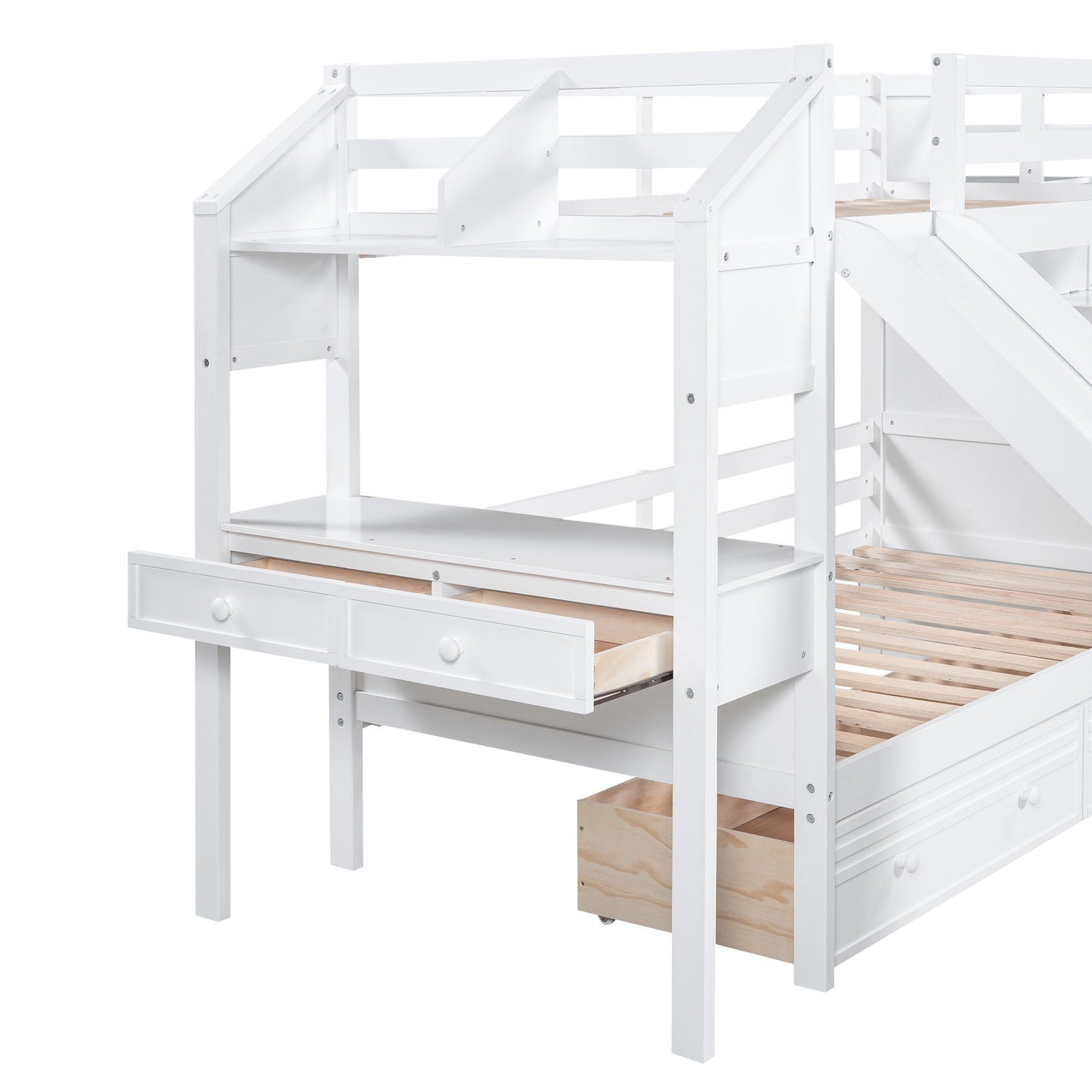 White bunk bed with storage staircase, slide, built-in desk, drawers and shelves on Tampa Home & Garden Store