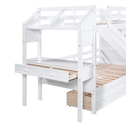 White bunk bed with storage staircase, slide, built-in desk, drawers and shelves on Tampa Home & Garden Store