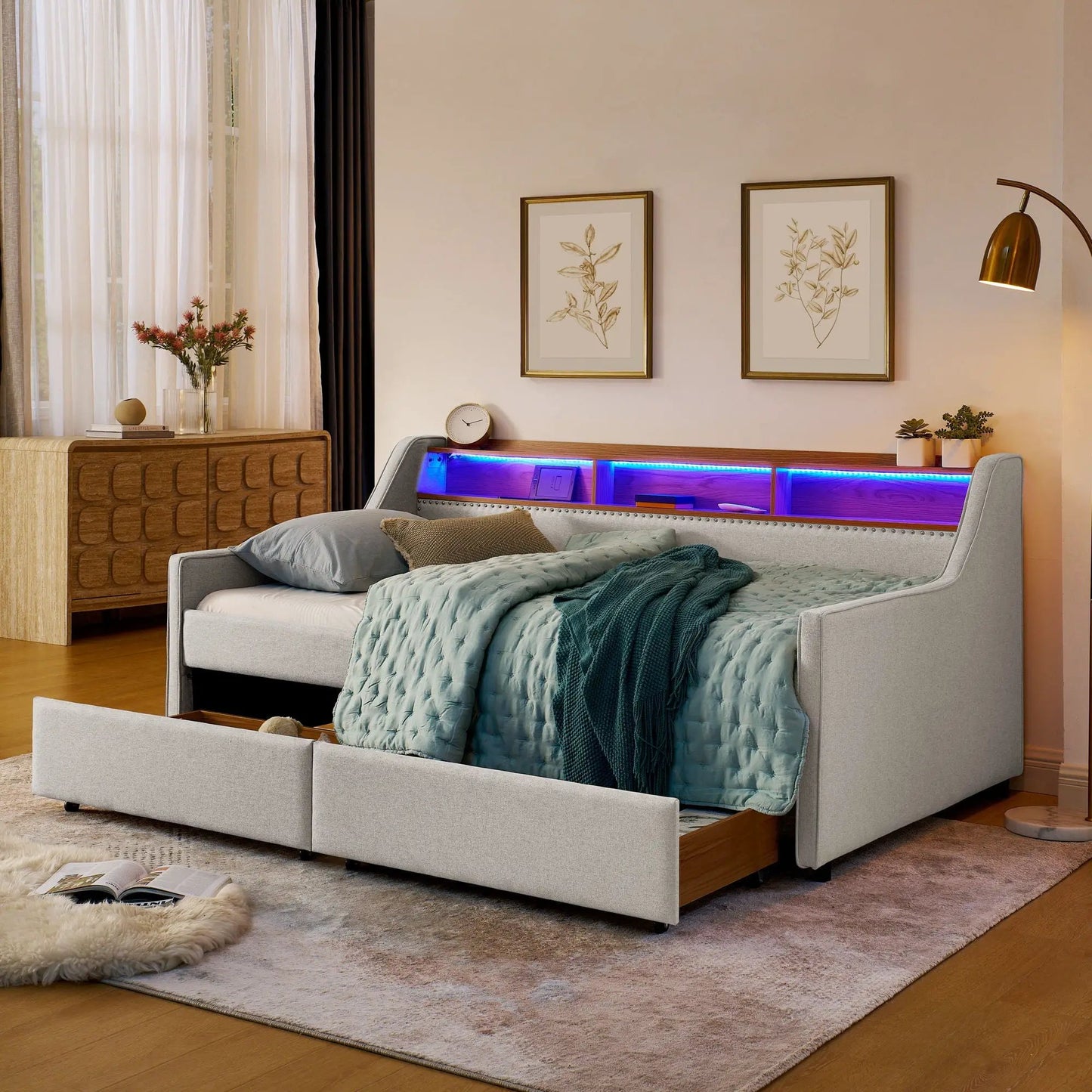 Twin beige upholstered storage bed with built-in drawers and blue LED lighting in bedroom on Tampa Home & Garden Store