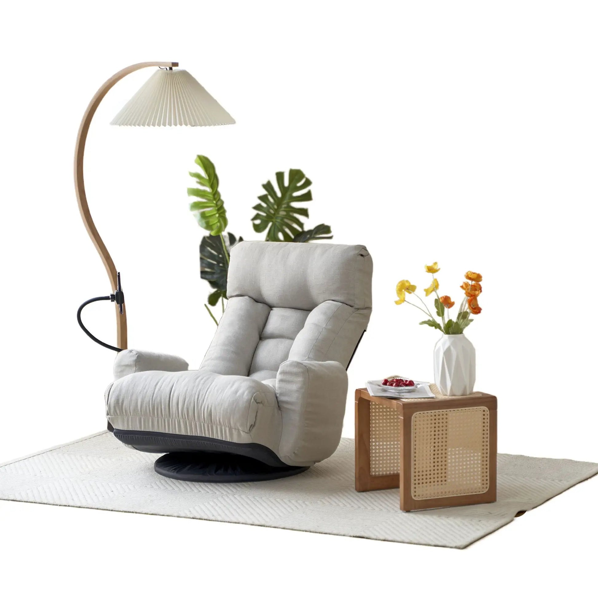 Adjustable swivel lounge chair with 360° rotating seat, light gray fabric on curved wood arc on Tampa Home & Garden Store