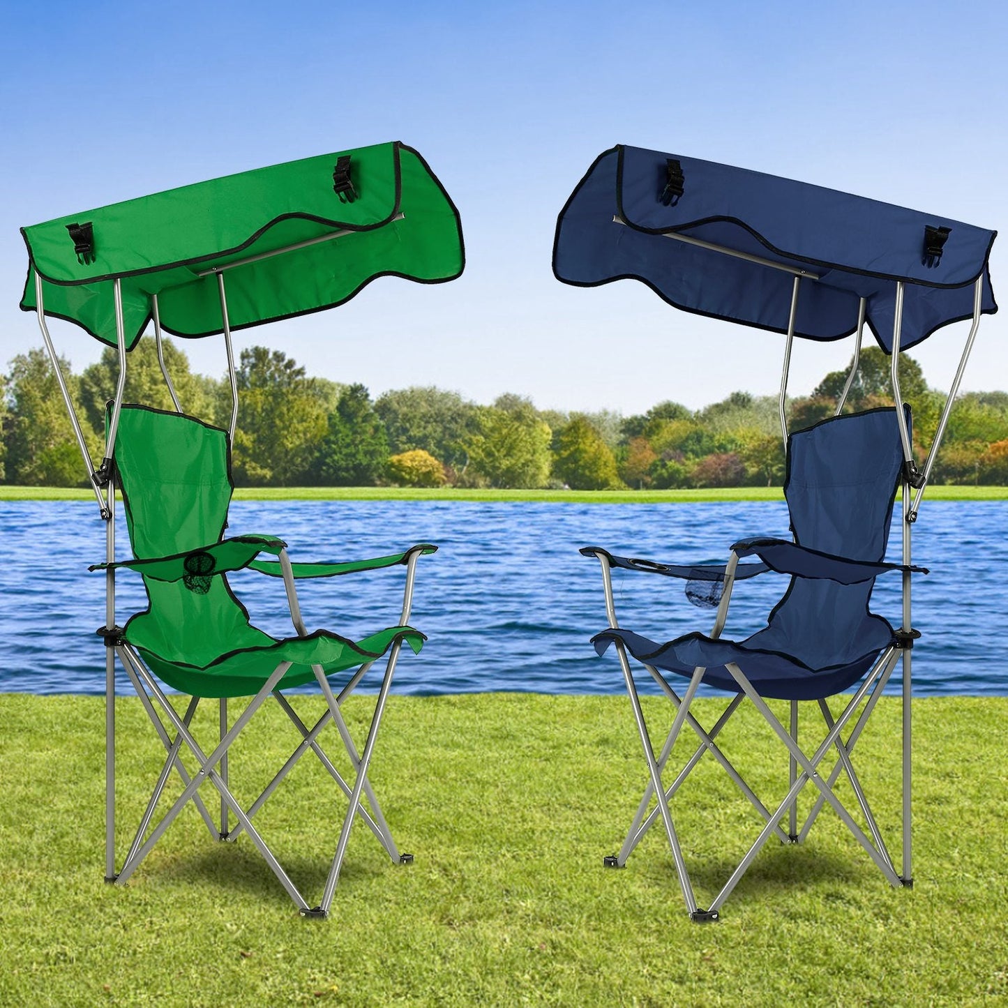 GemGear foldable beach canopy chair set with cup holder, green and blue, two chairs on Tampa Home & Garden Store