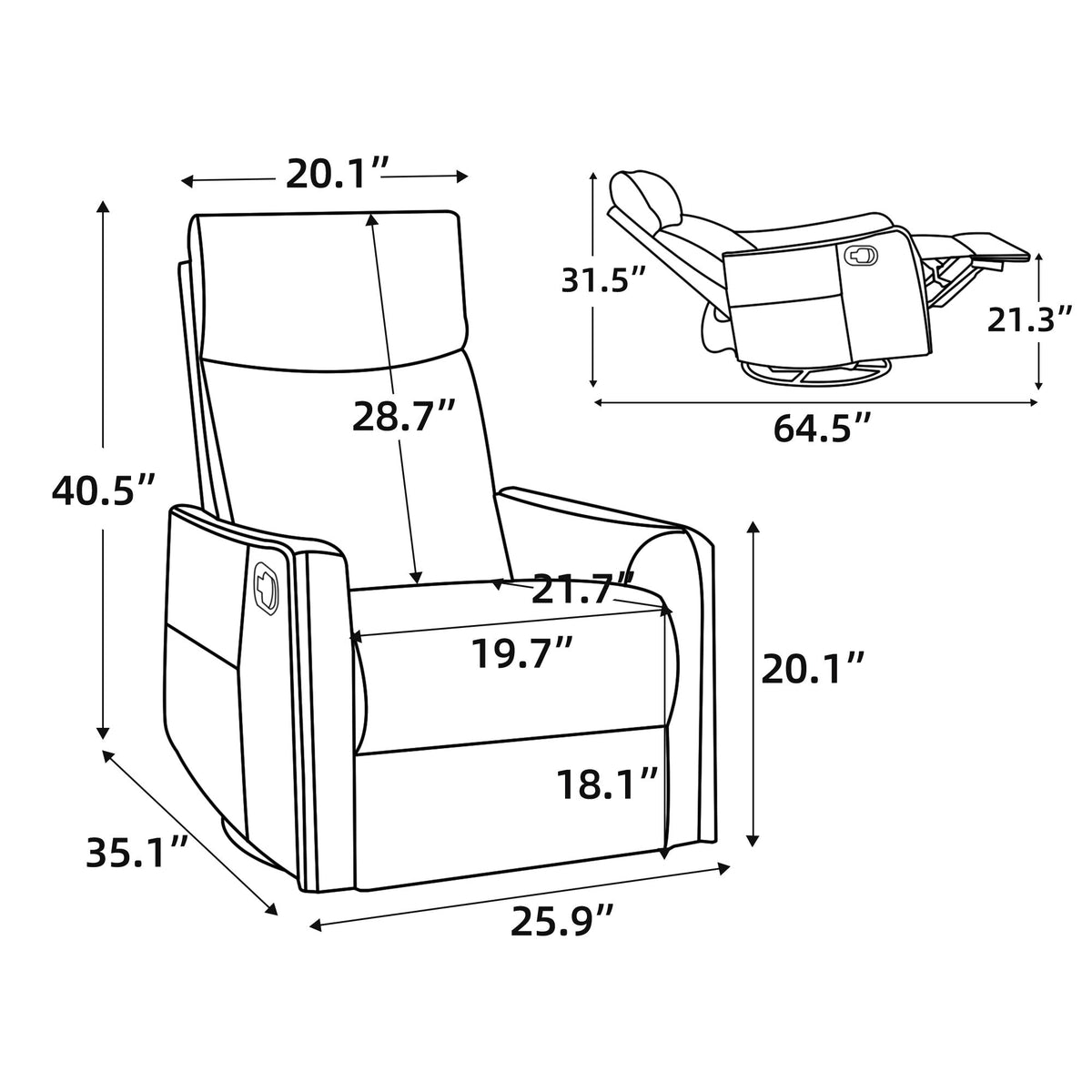 Heat Massage Manual Recliner Chair with Rocker and Swivel by HouseOfZazla line drawing on Tampa Home & Garden Store