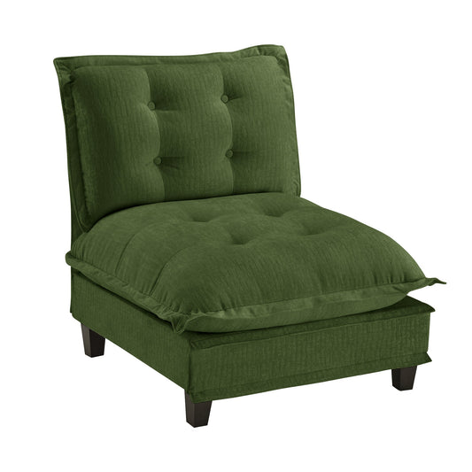 73 Armless Sofa Chenille green with tufted back cushions and dark wood legs HouseOfZazla on Tampa Home & Garden Store