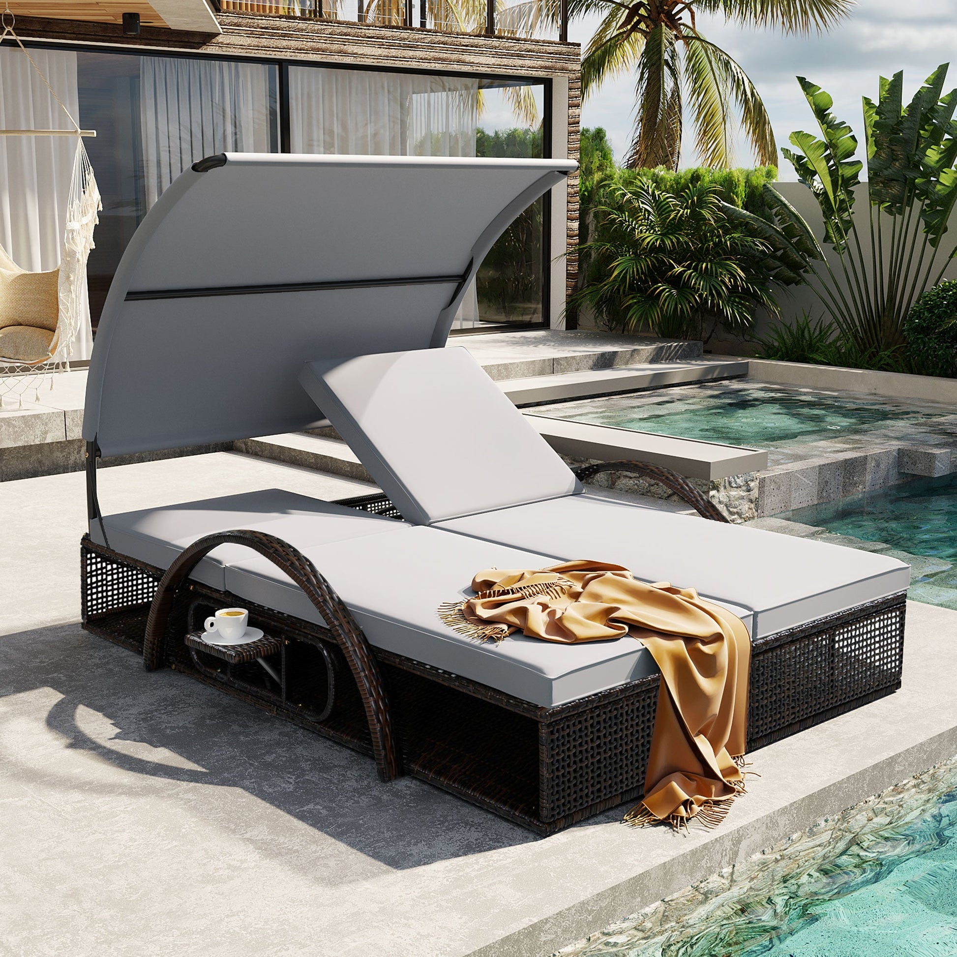 Pair of U_STYLE Outdoor Steel Frame Sun Loungers with Adjustable Backrests, gray cushions on Tampa Home & Garden Store
