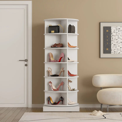 360 Rotating Shoe Cabinet 6 Layers white circular shoe rack with several heels and handbags on Tampa Home & Garden Store