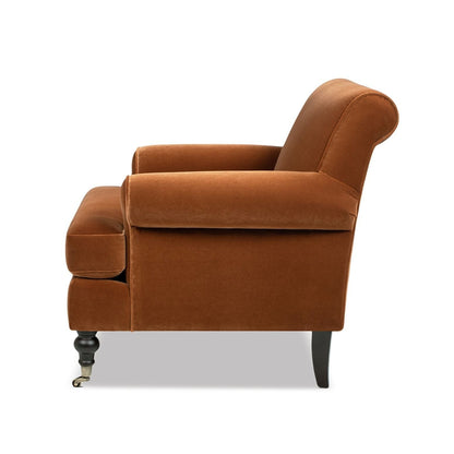Accent Arm Chair brown velvet with casters and reversible cushions on Tampa Home & Garden Store