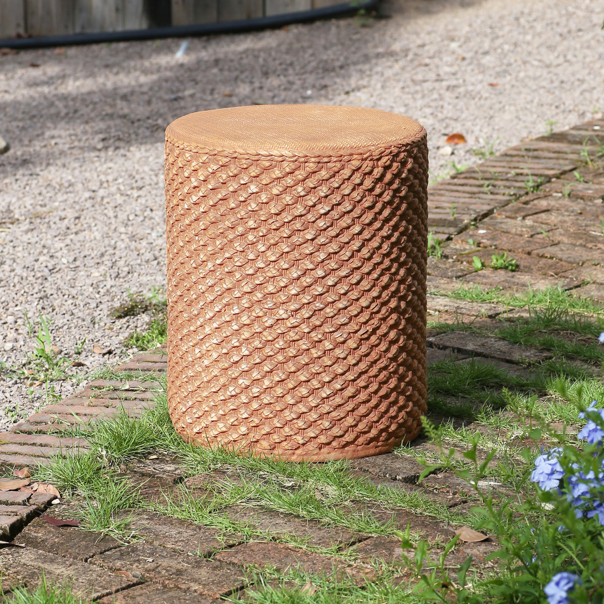 Evie outdoor round MGO side table brown with woven wicker texture on Tampa Home & Garden Store