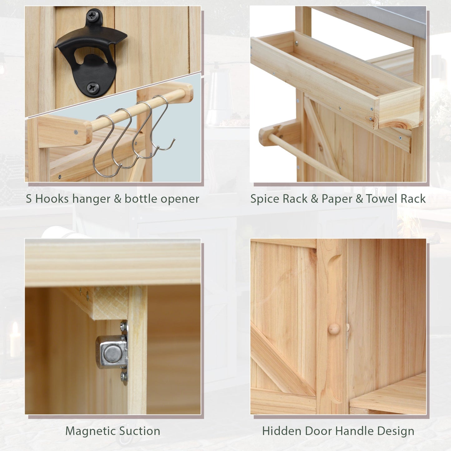 K&K Outdoor Kitchen Island, rolling bar cart in natural pine; S hooks, bottle opener, spice rack on Tampa Home & Garden Store