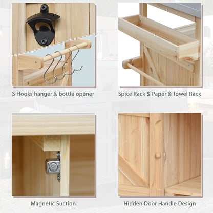 K&K Outdoor Kitchen Island, rolling bar cart in natural pine; S hooks, bottle opener, spice rack on Tampa Home & Garden Store