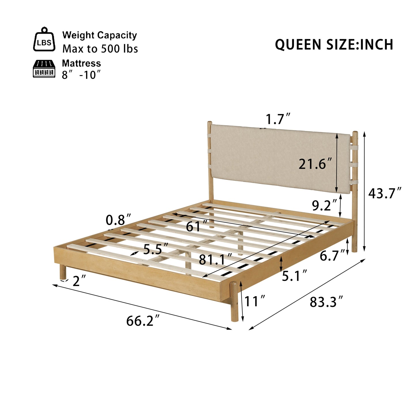 Queen Size Rubber Wood Bed Frame and Headboard