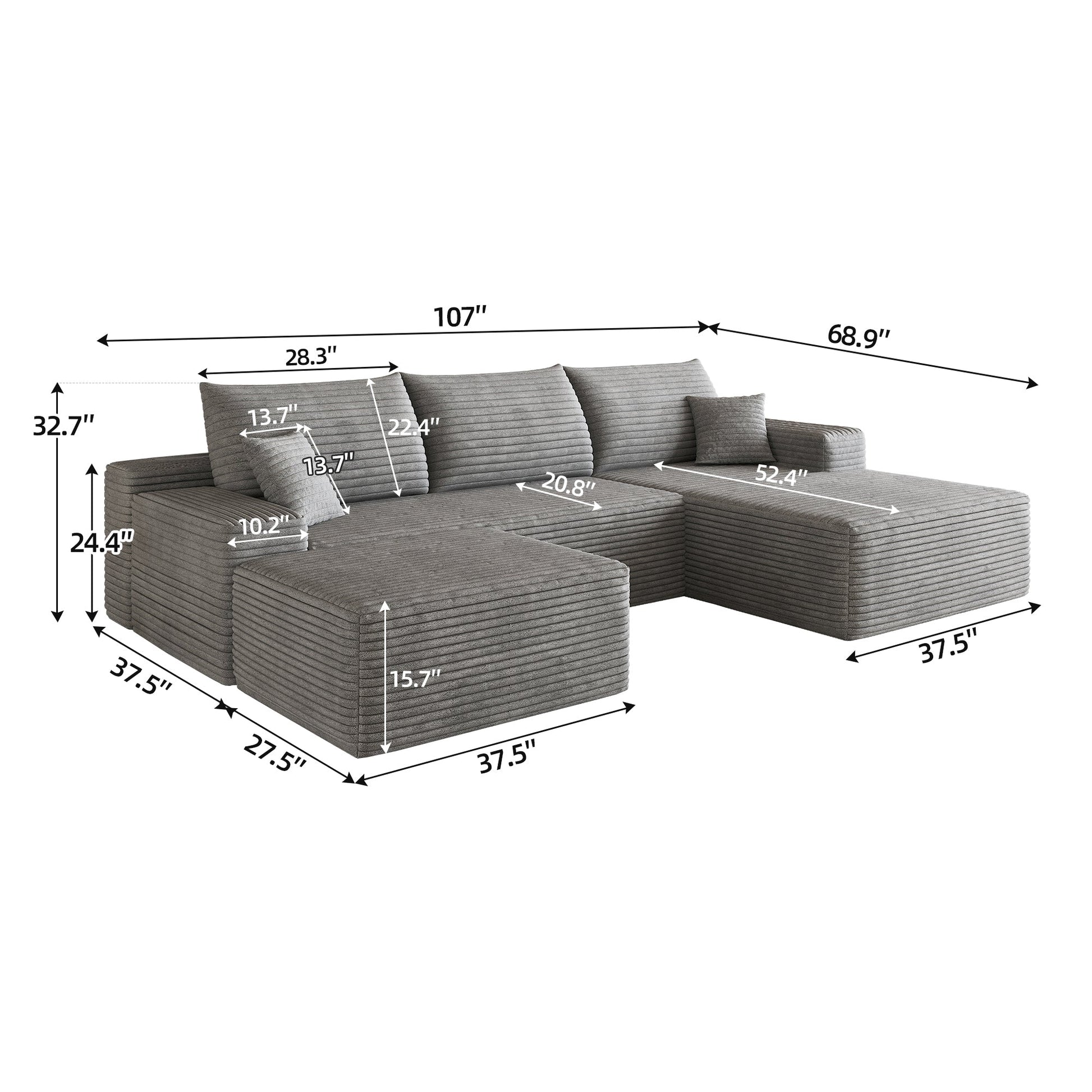 107in Cloud Sectional Sofa with 1 Ottoman, gray fabric by HouseOfZazla on Tampa Home & Garden Store