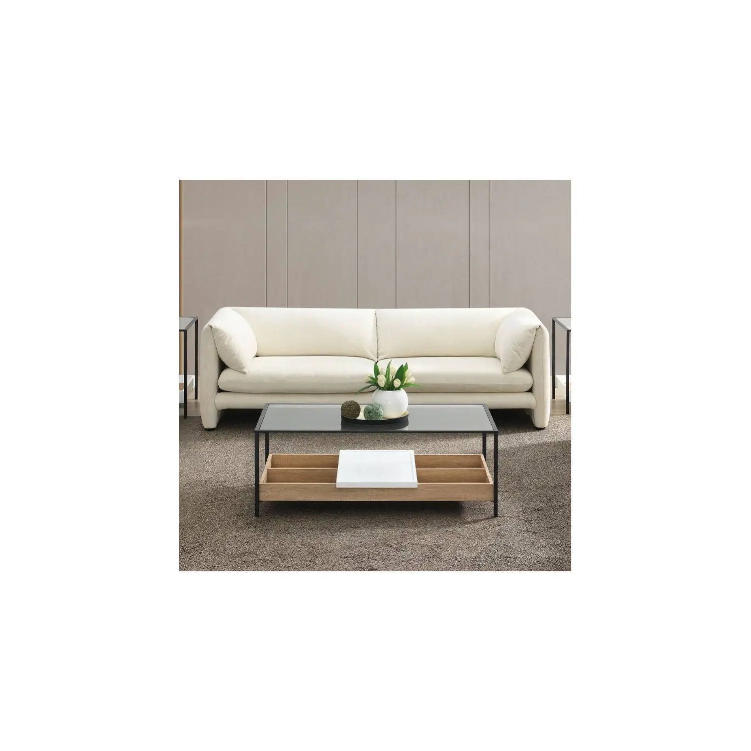 Jaeda Boucle Sofa beige stationary sofa by Unique Piece Furniture in a modern living room on Tampa Home & Garden Store
