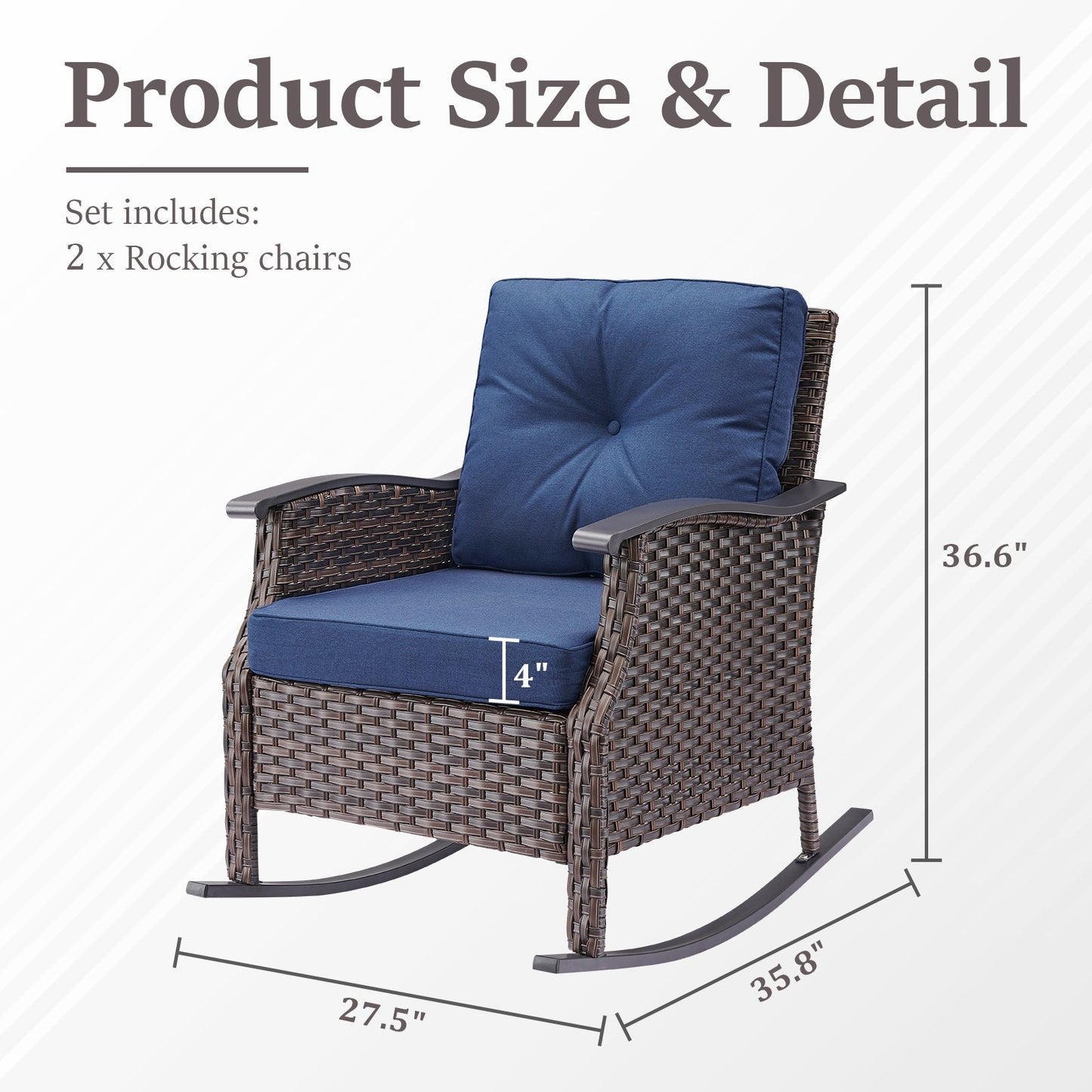 Outdoor gliding wicker chairs set of 2 with blue cushions, PE rattan, rocking base HouseOfZazla on Tampa Home & Garden Store
