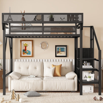 Dark metal twin-size loft bed with stairs, mesh panels and storage shelves on Tampa Home & Garden Store