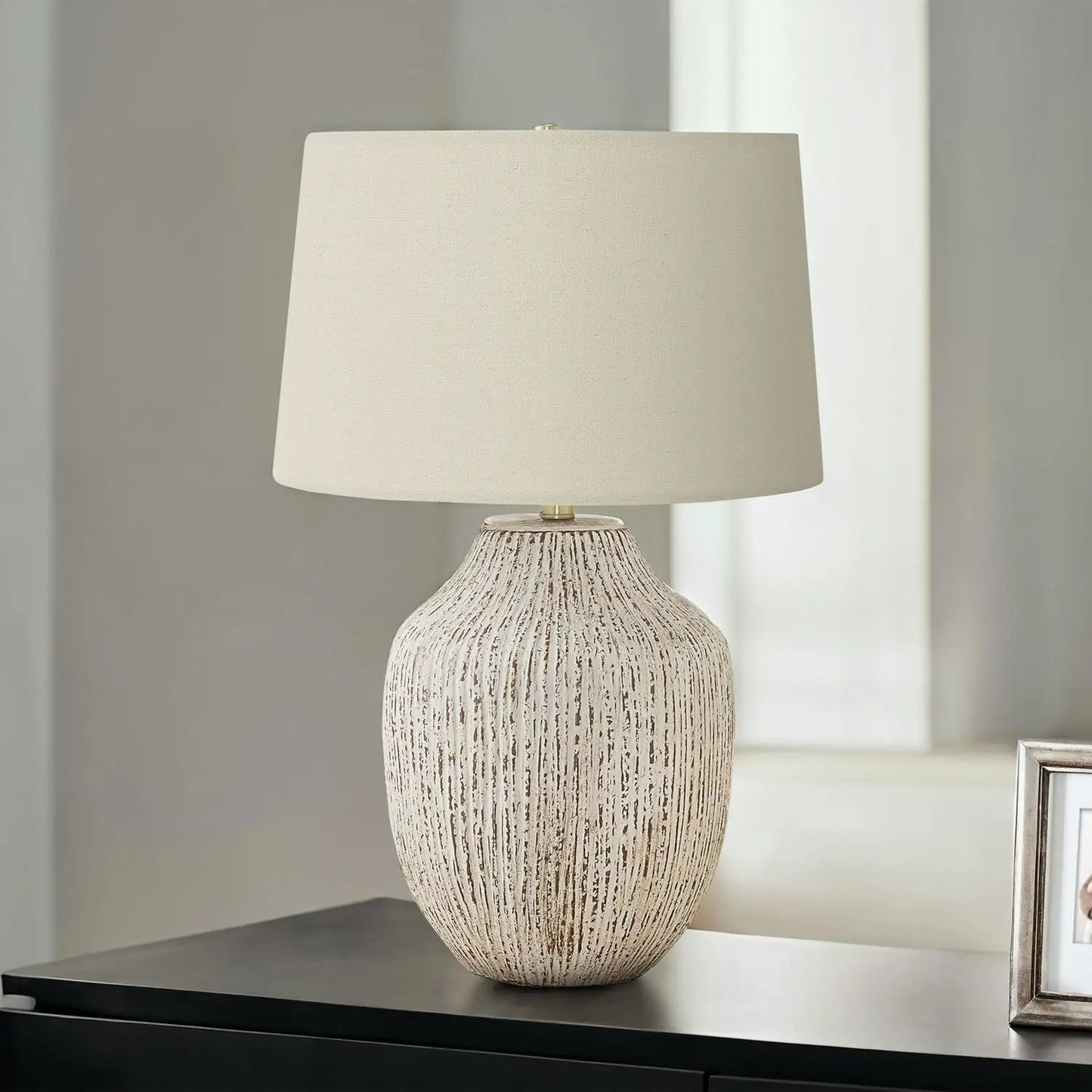 Table lamp ceramic base in cream glaze with brown streaks, cream linen shade Unique Piece on Tampa Home & Garden Store