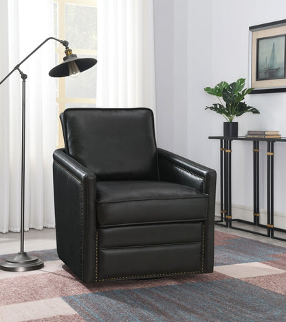 Rocha Aire Swivel Chair With Glider by HouseOfZazla, black faux leather with brass nailhead trim on Tampa Home & Garden Store