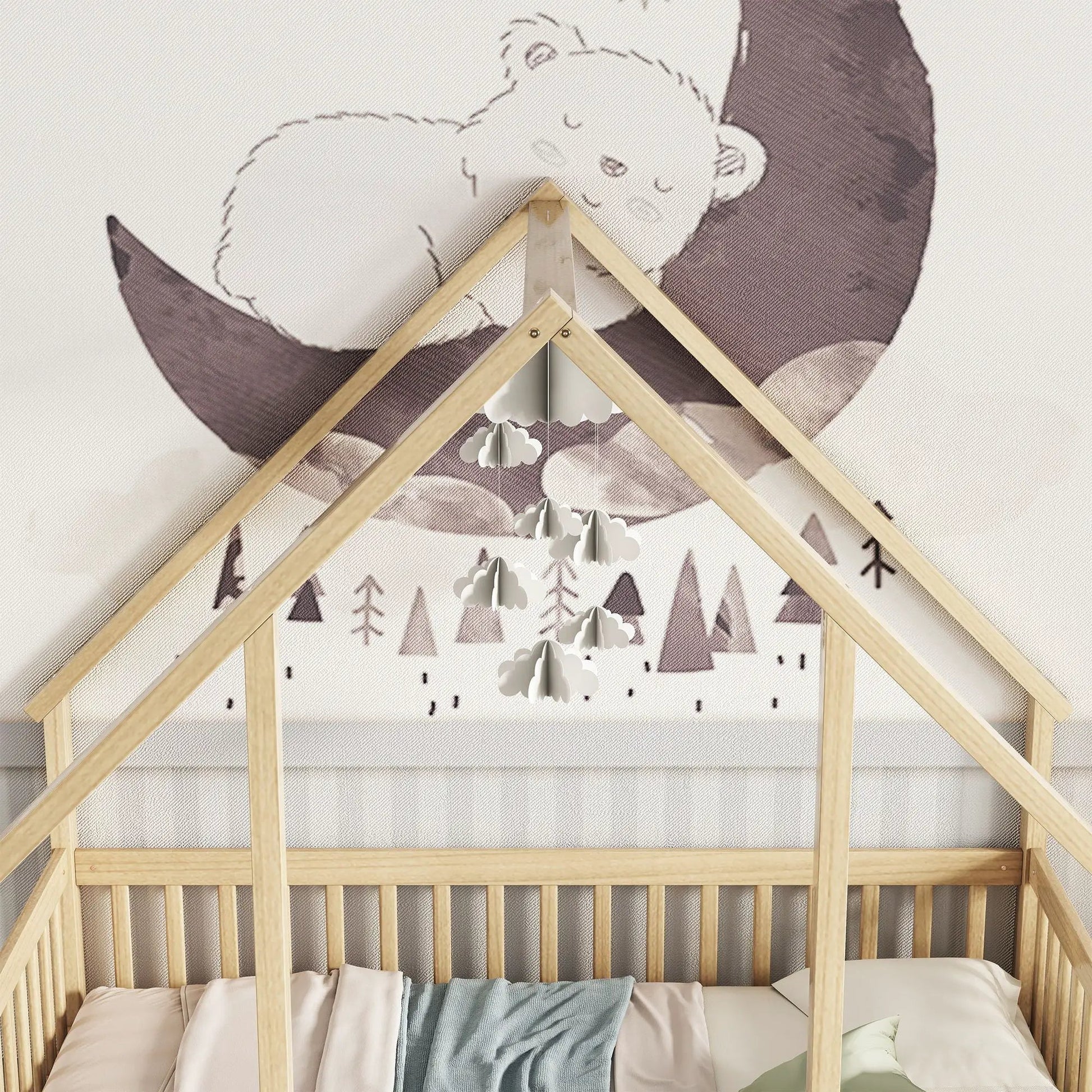 Wood house-shaped floor toddler bed with fence guardrails wood by Unique Piece Furniture on Tampa Home & Garden Store