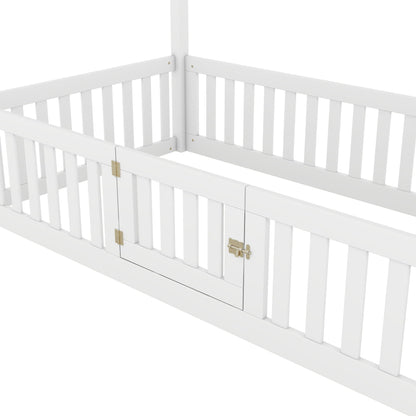 Wood House Bed with Fence and Door, white finish platform bed frame by HouseOfZazla on Tampa Home & Garden Store