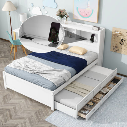 White full-size platform bed with built-in trundle, under-bed drawers, USB ports, and built-in shelves on Tampa Home & Garden Store