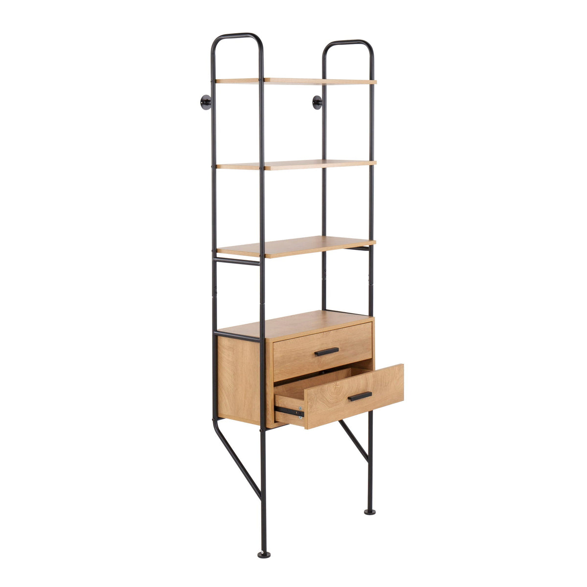 Industrial Bookcase with Steel Frame, black metal with brown wood shelves and bottom drawer on Tampa Home & Garden Store