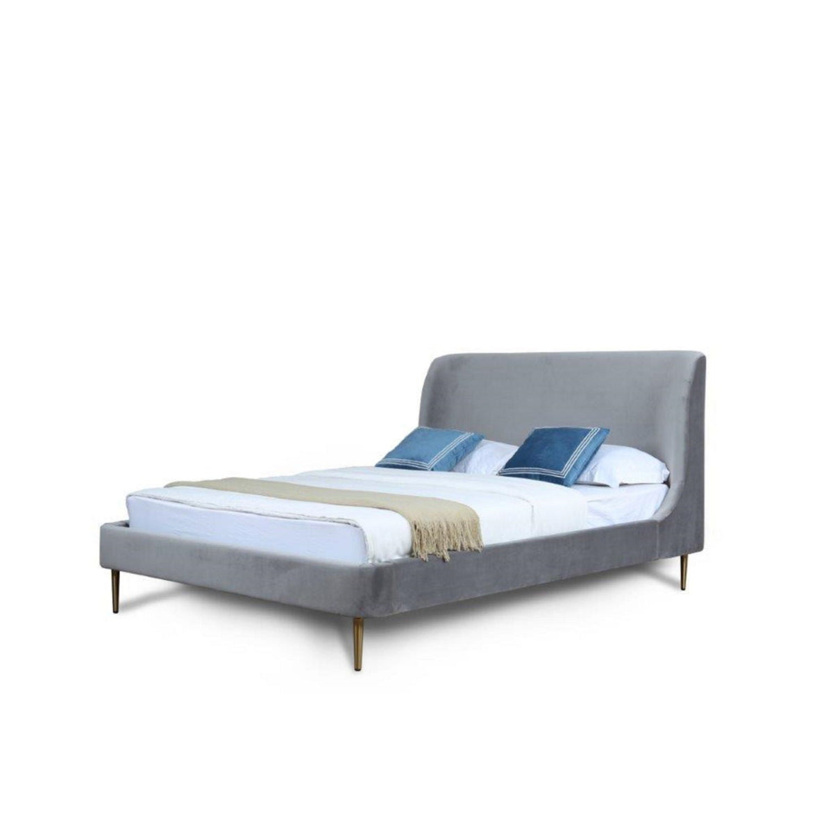 Heather upholstered bed with curved grey headboard, grey fabric frame and gold legs HouseOfZazla on Tampa Home & Garden Store