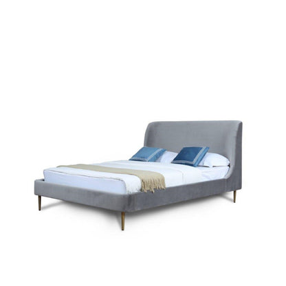 Heather upholstered bed with curved grey headboard, grey fabric frame and gold legs HouseOfZazla on Tampa Home & Garden Store