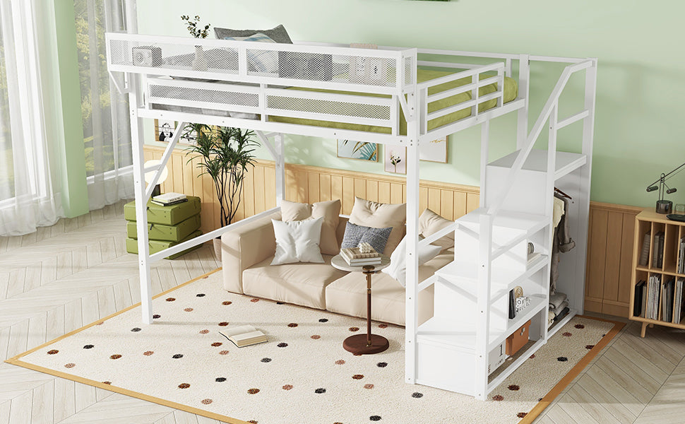 White metal queen loft bed with stairs and built-in storage shelves on Tampa Home & Garden Store