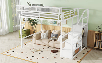 White metal queen loft bed with stairs and built-in storage shelves on Tampa Home & Garden Store