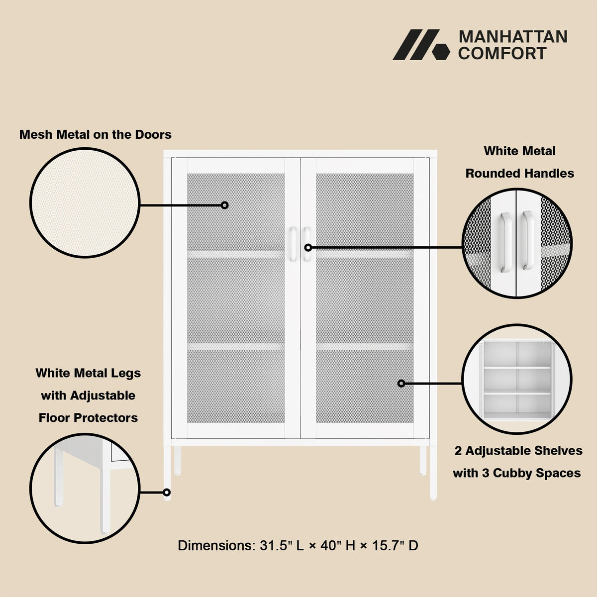 Metal Accent Cabinet with Mesh Doors, white finish, adjustable shelves - HouseOfZazla on Tampa Home & Garden Store