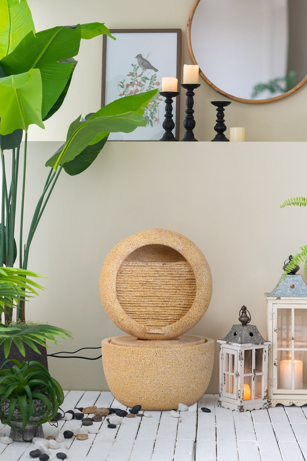 Cement round water fountain with light and pump by HouseOfZazla, 21.7x21.7x34.3 in on Tampa Home & Garden Store