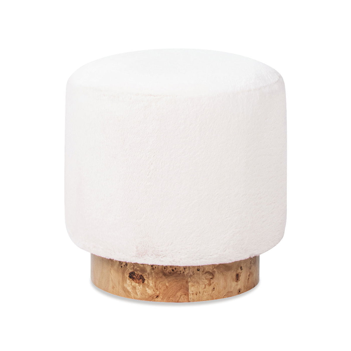 Round fur upholstered pouf ottoman with burl base white fur by HouseOfZazla on Tampa Home & Garden Store