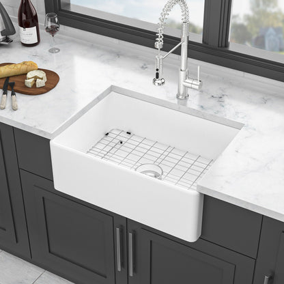 Undermount ceramic kitchen sink white single bowl with chrome faucet and grid on Tampa Home & Garden Store