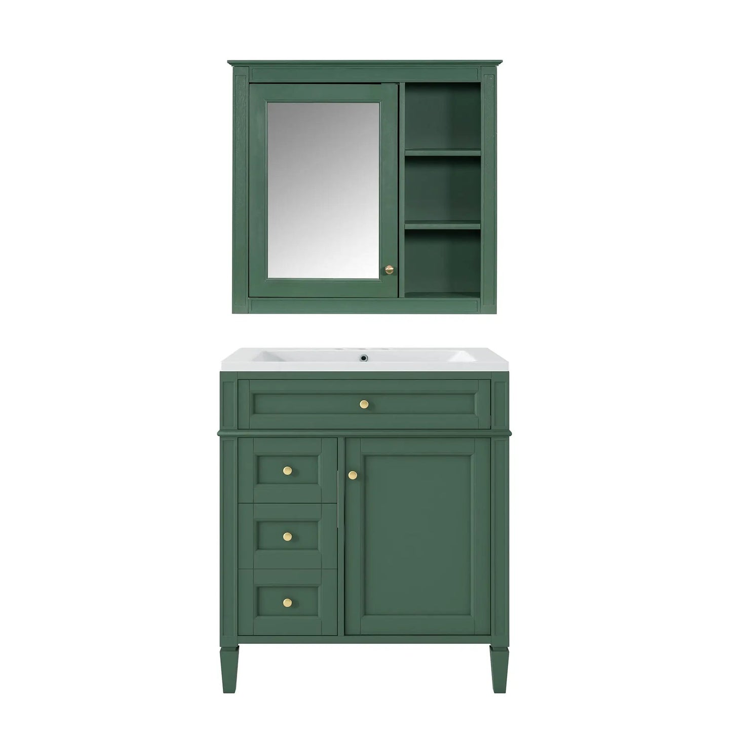 Green bathroom vanity with medicine cabinet mirror, 2 soft-close doors, 4 drawers on Tampa Home & Garden Store