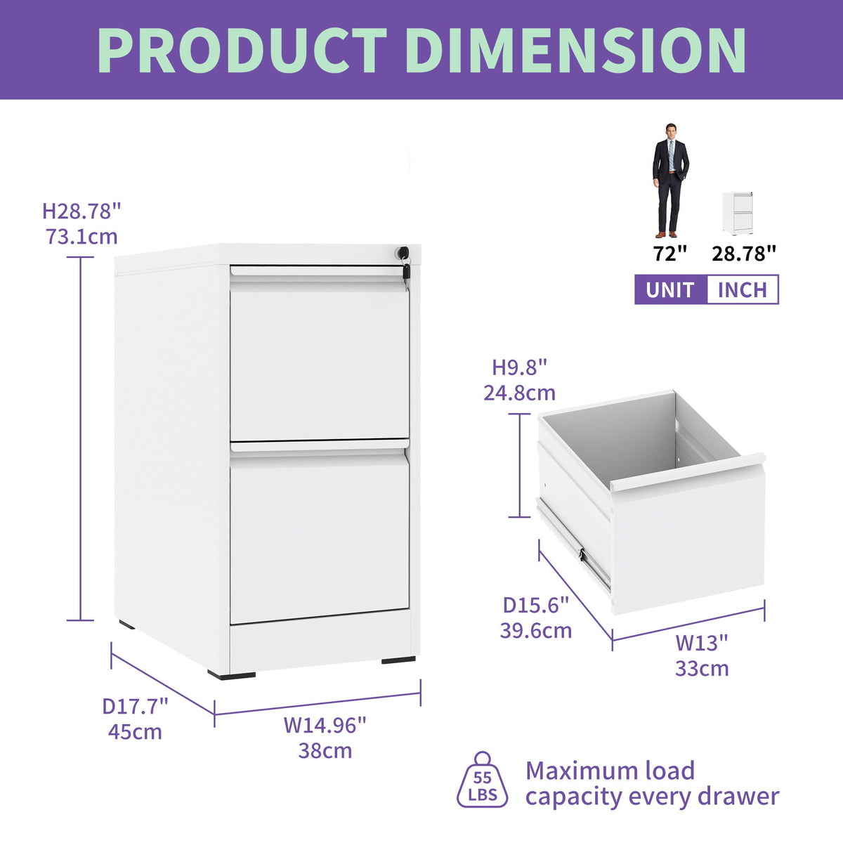 HouseOfZazla steel vertical filing cabinet with lock, white finish, multi-size option on Tampa Home & Garden Store