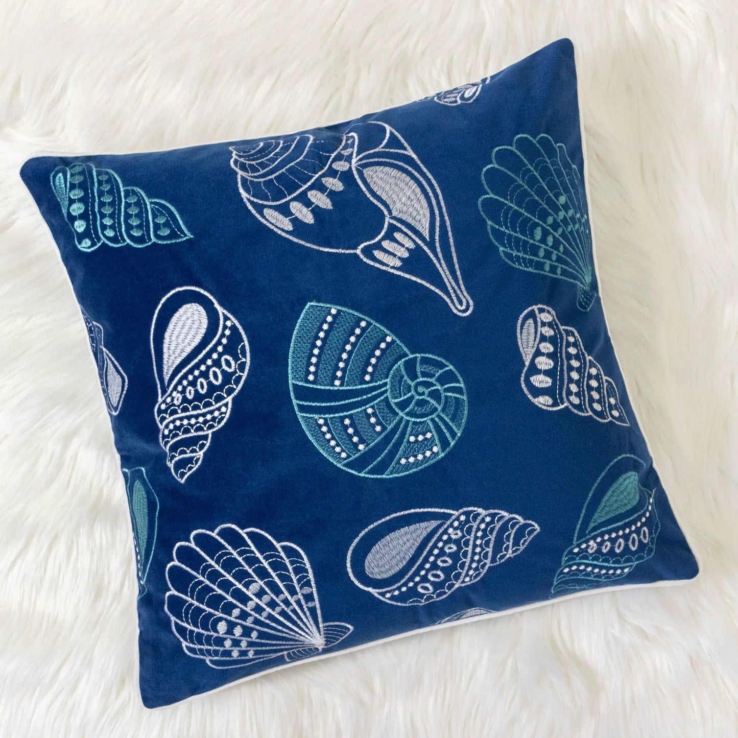 Seashells pillow cover blue with teal embroidered shells accent pillow Unique Piece Furniture on Tampa Home & Garden Store